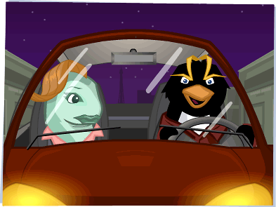 A penguin and a fish driving a car