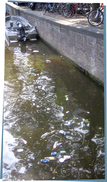 Plastic bottles in a waterway.