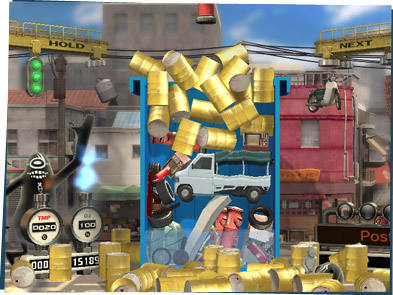 Screen shot of Trash Panic video game — a big dumpster containing an old truck, barrels, and other garbage.