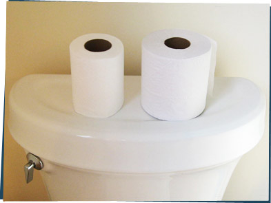 Two rolls of toilet paper on top of a toilet