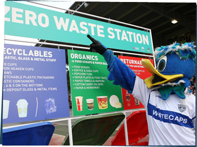 Vancouver Whitecaps mascot pointing at the Zero Waste Challenge trash bins.