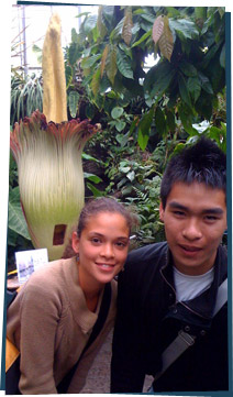 A girl and a boy standing in front of a very large flower