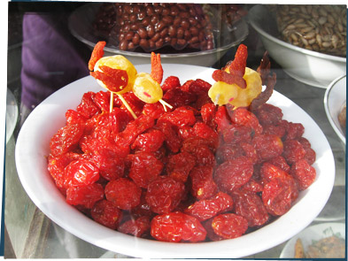 Birds made out of assorted dried fruit