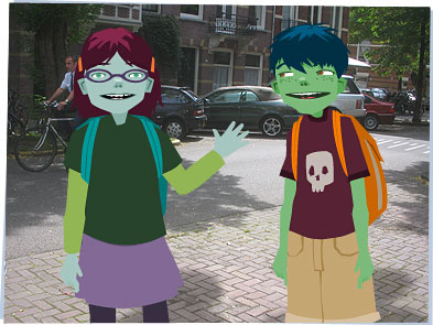 Izz and Dex with backpacks, walking to school