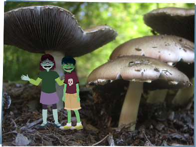 Izz and Dex standing under giant mushroom