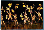 Dancers on stage holding branches with yellow leaves