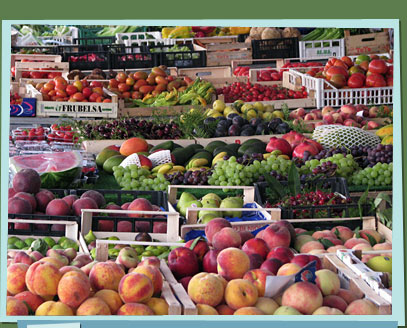 Fruits and veggies in a stall.