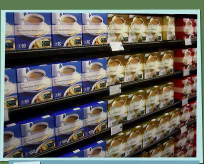 Boxes of tea on shelves