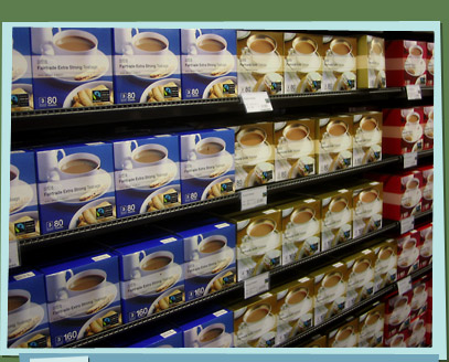 Boxes of tea on shelves