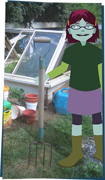 Izz in garden with pitchfork, buckets, and watering can