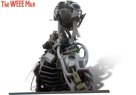 Sculpture of a man made of waste electronics