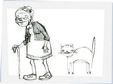 Black and white sketch: Granny Green and The Cat
